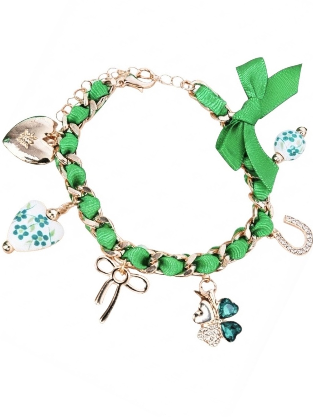 Shiny Luxe Heart of the Emerald Isle Ribboned Chain Charm Bracelet (NWT)